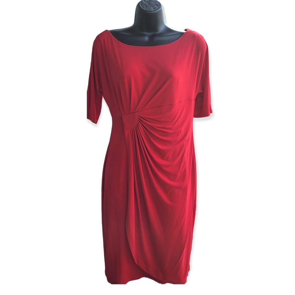 Connected Apparel Red Wrap Dress Short Sleeves Ruching Size 8P